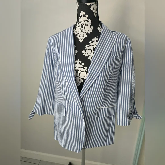 ELLE Open Front Vneck Blazer Shacket Women White/Blue striped 3/4 Sleeve Sz: M - Picture 2 of 14